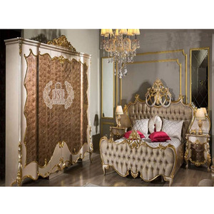 Juego de cama y dormitorio de artesanía de diseñador, impresionante mueble de dormitorio tallado a mano, lujoso, dorado - Product Image 1