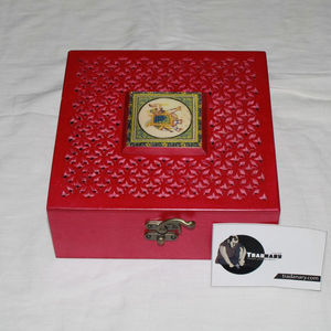 <b>Wooden</b> Keepsake <b>Box</b> in Red Color & Carved Design With Elephant Printed Design for Home Kitchen & <b>Gift</b> Packaging Tradnary India - Product Image 1