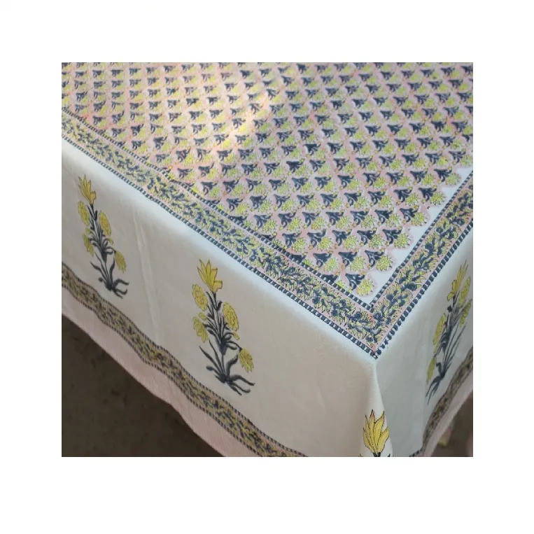 Canvas de algodão indiana floral amarelo, bloco de mão de jaipur impresso tabela c