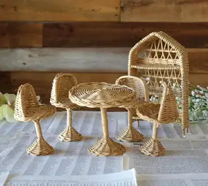 Rotan Boho Mid Century Miniatuur Poppenhuis Meubels Set Van 6 Mini Rotan Meubelen