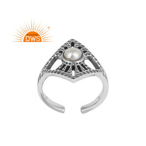Bague en argent 925 texturé oxydé antique avec pierre précieuse en perle blanche, bague ajustable, fournisseur de bijoux, collection classique - Product Image 1