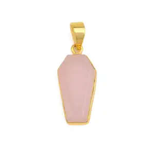 Best Selling 10x17mm Natural Rose Quartz Gemstone Wholesale Jewelry 18k Gold Plated Silver Coffin Shape Charm Pendant For Her