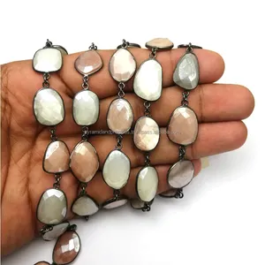 Multi Moonstone Oxidized Plated Bezel Connector Chain