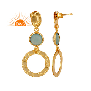 Textured Gold Plated Silver Earring Women's Blue Chalcedony Gemstone Dangle Designer Earrings Supplier Jewelry - Product Image 3