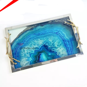 Bandeja rectangular de mármol de ágata con asas doradas, bandeja de servicio para decoración de restaurantes y hoteles, el diseño más atractivo - Product Image 2