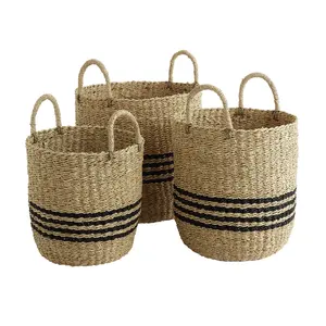 热销商品套装3个带把手的天然黑色海草储物篮收纳篮由越南FBA亚马逊手工制作