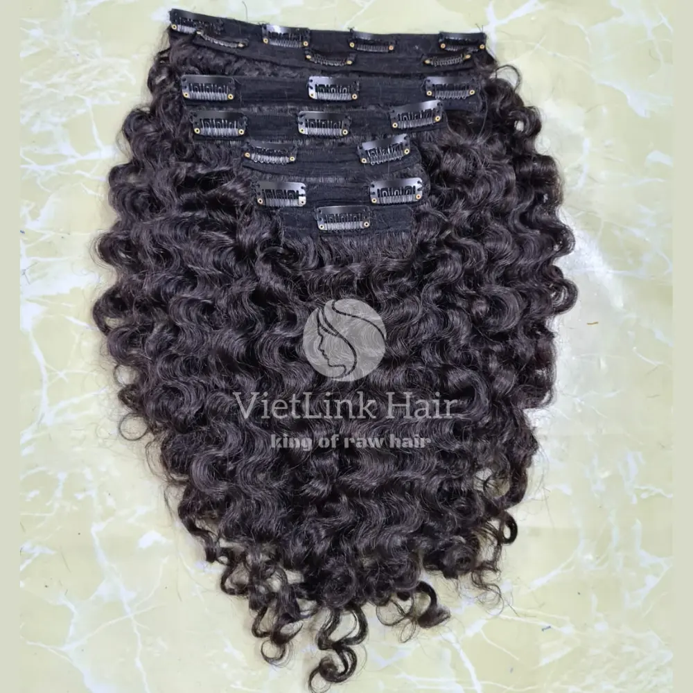 बर्मी घुंघराले बाल क्लिप-इन्स की बनावट सेट के सहित Ambervietlink + 84345517785 से 7 पटरियों कच्चे प्राकृतिक बाल
