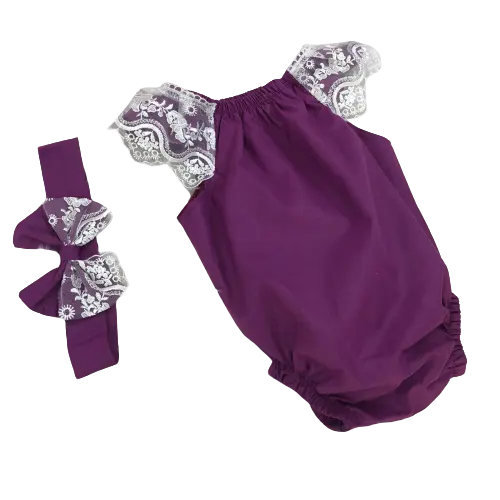 All'ingrosso personalizzato nuovo Design di alta qualità moderno di lusso viola pizzo estate ragazze sogno pagliaccetto e fascia per capelli