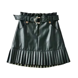 Women's PU Leather Solid Color Short Skirt High Waist Latest Design Slim Skirt Casual Tight Wrap Belt Skirts