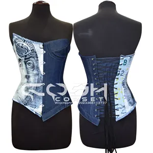 COSH corsetto Overbust Steelboned mezzo lato Denim e mezzo lato soldi stampato corsetto di raso nuovo arrivo moda indossare corsetto Top
