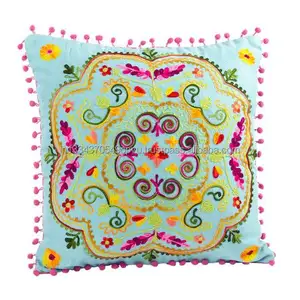 Designer Accent Ethnic Suzani Embroider Indian 16"x16" Cotton Sheeting Pillow Case Wholesale Decor Gift Handmade Cushion Cover