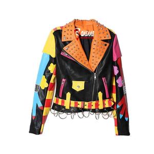 Respirant Mode Casual Noir Style Graffiti-Imprimer Zipper Varsity Veste Moto En Cuir Clouté-Rivet Denim Veste - Product Image 1