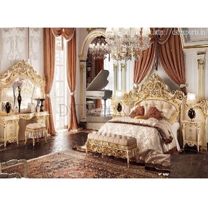 Ensemble de meubles de chambre à coucher classique en bois et artisanat, 5 pièces, blanc royal doré, style rococo royal - Product Image 1