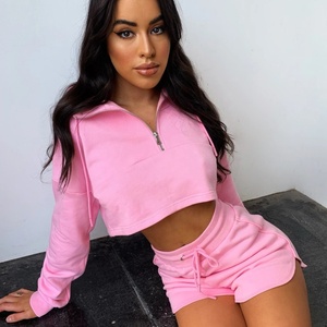 Custom Logo Tracksuit Two Piece <b>Set</b> Womens Long Sleeve Crop Top Zipper Sweatshirt Biker Shorts <b>Lounge</b> <b>Set</b> Sportswear Autumn - Product Image 6