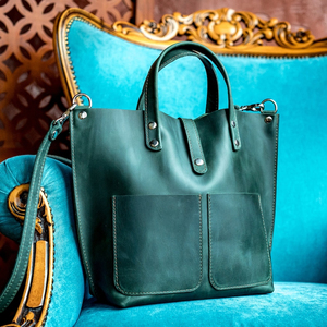 Sac en cuir vert ajouré pour femme, fourre-tout, sac en cuir, sac en bandoulière, petit fourre-tout, sac de shopping en cuir, Vintage - Product Image 1