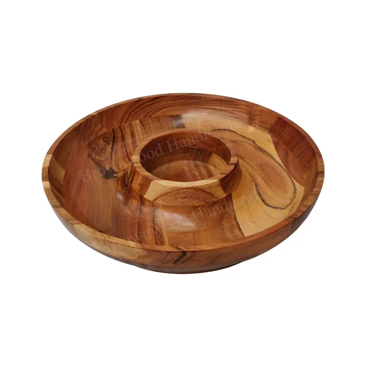 Top Quality Round Shape Natural Wood Finished Acacia Wooden Chip Dip Bowl Custom Design Wooden Sauce Bowl at Cheap Price