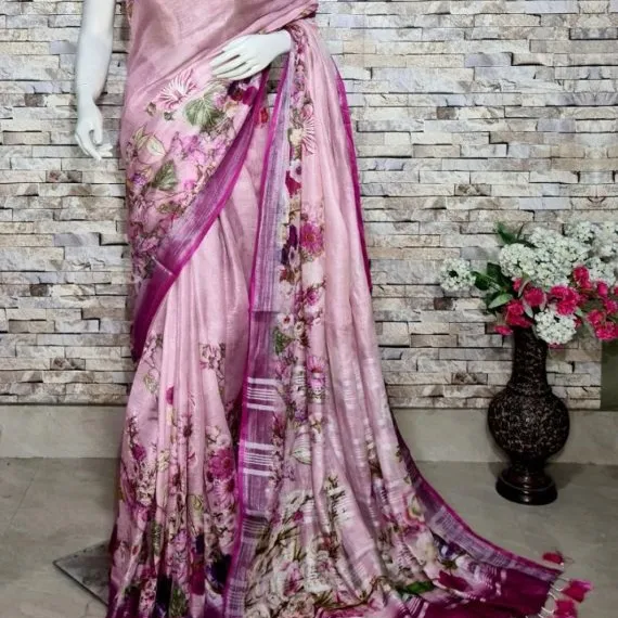 Exklusive indische Leinen Designer Saree bedruckte Sarees edle und ausgefallene digital bedruckte Leinen Sarees zum Marktpreis