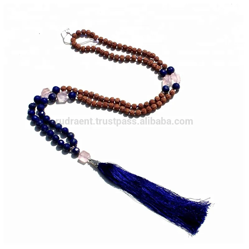 Beli Penjualan Populer Tasbih Rosario 108 Lapis Lazuli Beads Rudraksha Tassel Diikat Kalung Mala