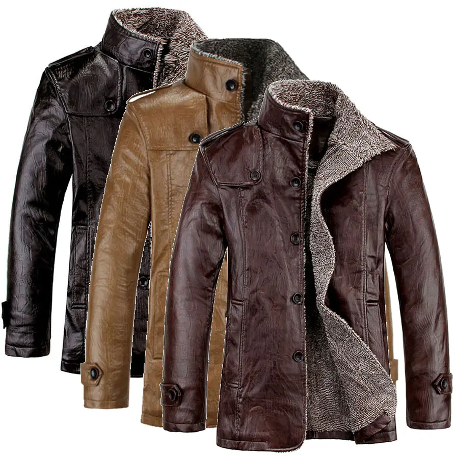 Men's Fleece Leather Jacket Sherpa Lined Stand Collar PU Faux Leather Motorcycle Coat Winter Oversized Thicken Outwear