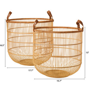 Set of 2 Naturals Bamboo <b>Basket</b> With Faux Leather Handle Wholesale - Product Image 2