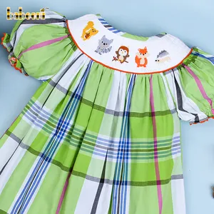 Smocked forest animals lime green pink plaid dress - BB2020