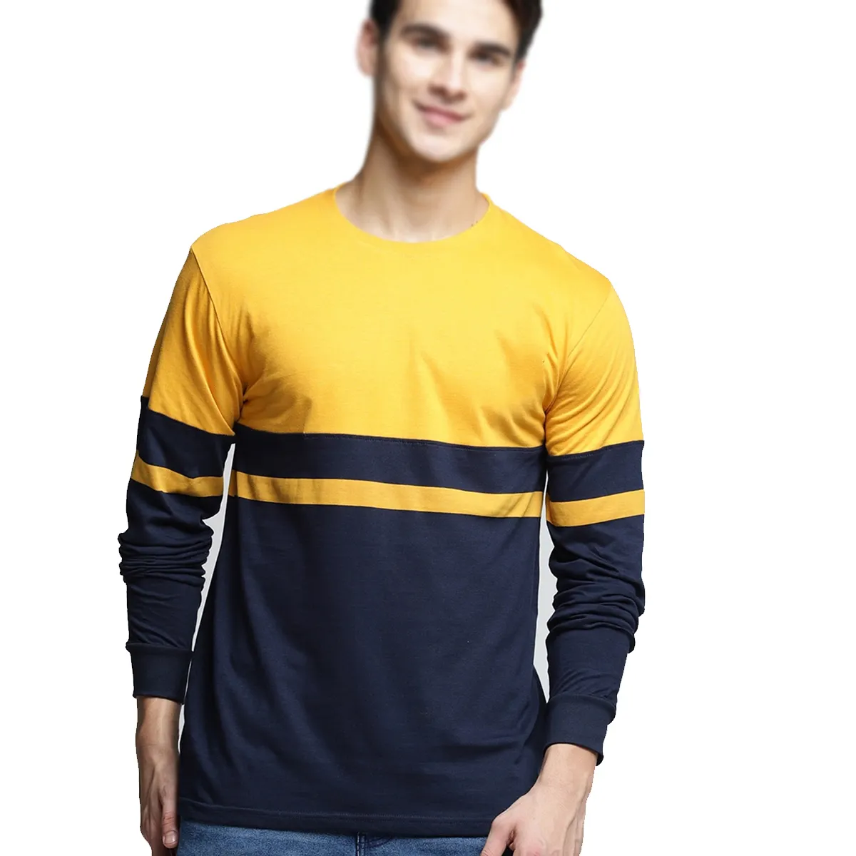 Mustard-Colored & Navy Blue Color Yellow Lined Round Neck 2022 Custom Made Full Sleeves T-shirt By XAPATA SPORTS