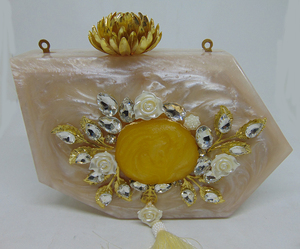Flower decoration hexagonal Handmade Resin Acrylic Box Clutch with Pearly Surface <b>Handbag</b> - Product Image 4