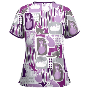 2 Couleur 6 Chat Cartoon Imprimé V-Neck T-Shirt Tops XL Nursing Scrubs Main Pockets Hospital Care Lab Coat Design OEM Uniformes - Product Image 4