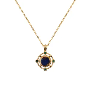 镀金蓝色莫斯塔尔绿松石 & 绿色玛瑙宝石项链 | 黄铜魅力女性项链珠宝。模式Joyas N-566