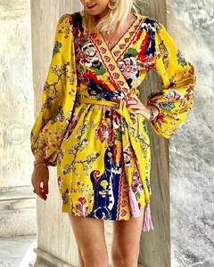 Vestido corto de manga larga con estampado Floral para mujer, Vestido corto con diseño elegante bohemio para fiesta de boda - Product Image 2