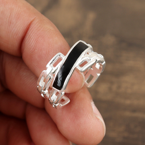 Unique Design Minimalist Black Enamel 925 Sterling Silver Ring <b>Adjustable</b> Fine Silver Jewelry For Wedding Party Or Engagement - Product Image 3