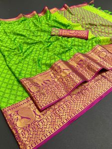 ผ้าไหมผ้าฝ้ายนุ่มพร้อมการทอผ้า Zari สีทองโบราณพร้อมงานปักส่าหรีเต็มรูปแบบกรอบ Jecquard ทำงานลายดอกไม้ที่ละเอียดอ่อนพร้อมเสื้อ - Product Image 2