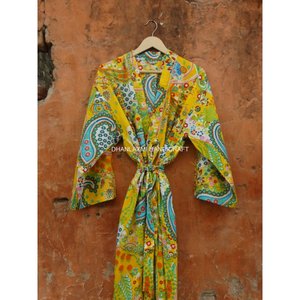 ชุดนอนสตรี,ชุดคลุมยาวพิมพ์ลายดอกฮิปปี้สีเหลืองชุดกิโมโน - Product Image 6