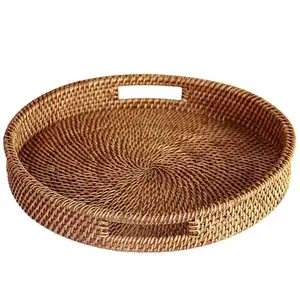 Quality Assured Round Shape Attractive Design Rattan Core Serving Trays with Handles For home Uses Low Prices