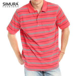 เสื้อโปโลแขนสั้นลายทางสำหรับผู้ชาย SIMURA ทรงลำลอง สีแดง ลายทางสีดำและสีขาว - Product Image 1