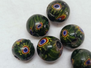 Cuentas de vidrio de comercio africano, en colores verde oscuro con patrones étnicos, adecuadas para Tiendas de Cuentas y fabricantes de joyas en tamaño de 10 mm - Product Image 3