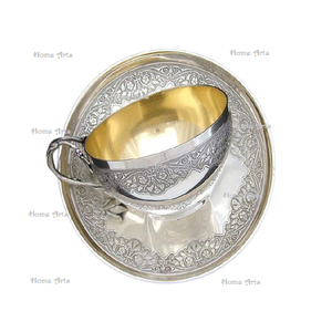 Tasses à thé et soucoupe en laiton massif de couleur argentée de la plus haute qualité soucoupe à thé de service ronde de conception la plus récente pour une utilisation en cuisine - Product Image 2