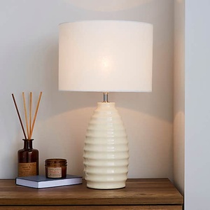 Ceramic <b>Table</b> <b>Lamp</b> White Ribbed <b>Base</b> Round Shade Minimalist Design Indoor Bedroom Decor - Product Image 1