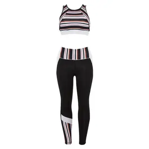 Striped Printing Sport Leggings Suit Gym Workout Sportswear 2 pieces Set Sports Bra High Waist Running Pants