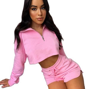 Pantalones cortos de gimnasio con logotipo personalizado para mujer, conjunto de algodón de cintura alta con cuello vuelto, Top corto con cremallera - Product Image 1