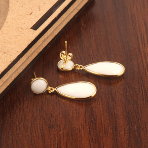 Fine Jewelry Round Pear Shape White Agate Double Stone <b>Teardrop</b> <b>Earrings</b> Gold Plated Bezel Setting Push Back <b>Stud</b> <b>Earrings</b> Gift - Product Image 6