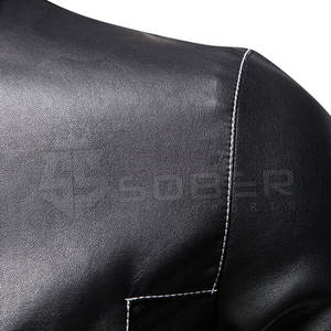 Veste en cuir mince d'hiver pour hommes, couleur unie noire avec tissu en toile pour les saisons froides - Product Image 4