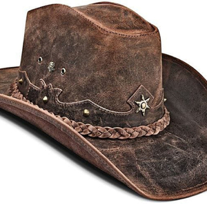Bruin Lederen Hoeden Vintage <span class=keywords><strong>Cowboy</strong></span> Lederen Hoeden Unieke Stijlvolle Lederen Hoeden - Product Image 1