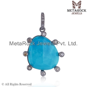 Prong Set de piedras preciosas de turquesa plata 925 oxidado Natural diamante diseñador colgante de joyería al por mayor - Product Image 2