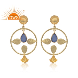 <b>Blue</b> Chalcedony Designer Gold Plated Drop Stud Earring Fashion <b>Jewellery</b> For Women Gift For Her Classic Collection - Product Image 3