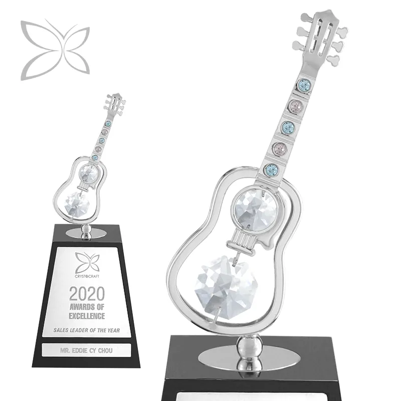 Crystocraft Customised Chrome Plated Crystal Guitar Music Award Trophy Souvenir Decorated with Brilliant Cut Crystals