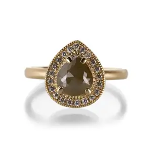 1.02 Karaat Natuurlijke Fancy Pear Cut Rustieke Diamond Halo Engagement Ring 14K Geel Real Gold Zout En Peper Ring