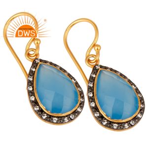 Pear Shape Faceted Blue Chalcedony Gemstone Set Gold Plated Silver Designer Dangle Earrings Jewelry Wholesale - Product Image 2