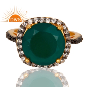 New 18k Gold Plated Brass <b>Green</b> Onyx Cubic Zirconia Ladies Fashion Cocktail Ring Jewelry Manufacturer - Product Image 2