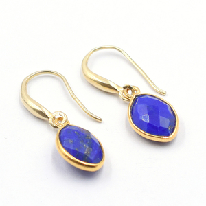 Pendiente de lapislázuli con forma de marquesa con alambre de oreja, bisel de plata, chapado en oro, hecho de accesorios de joyería de plata de ley - Product Image 2